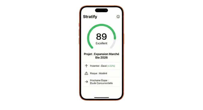 Aperçu d'un rapport Stratify Hub sur mobile : score, sections et recommandations