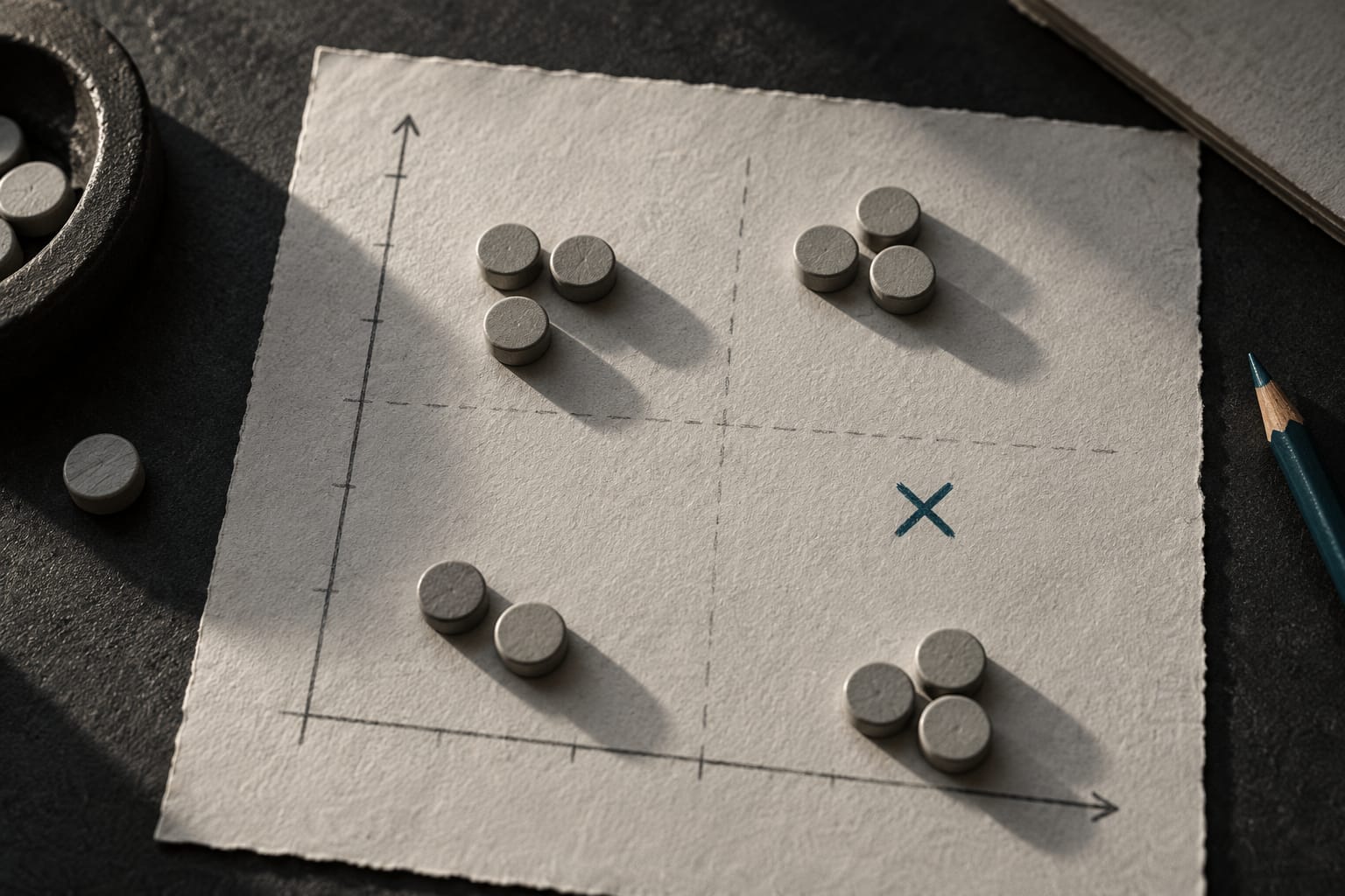 Plusieurs pions crayonnés disposés sur une grille à deux axes sur un bureau anthracite, un espace vide laissé au centre marqué d'une croix à l'encre teal