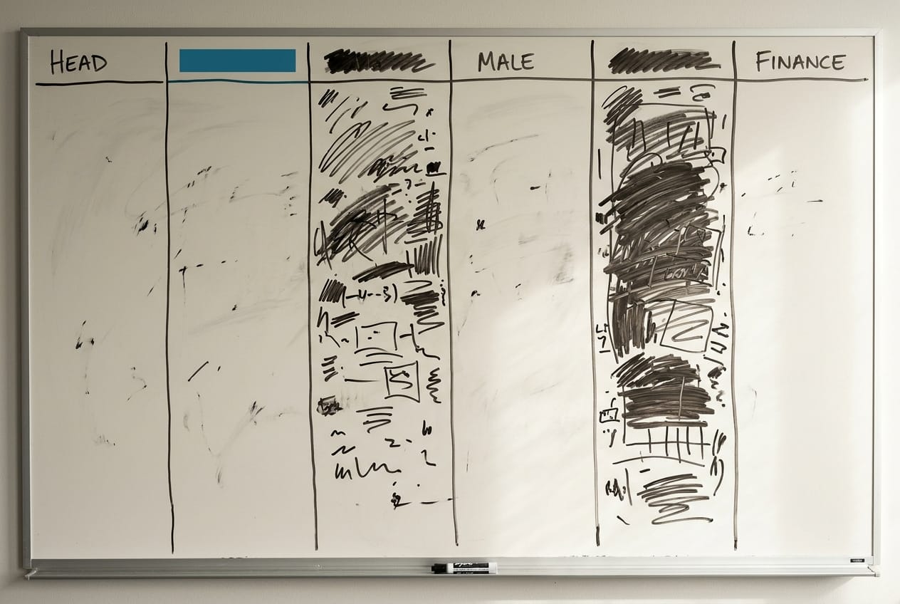 Six colonnes tracées sur un tableau blanc, remplies inégalement de notes au feutre