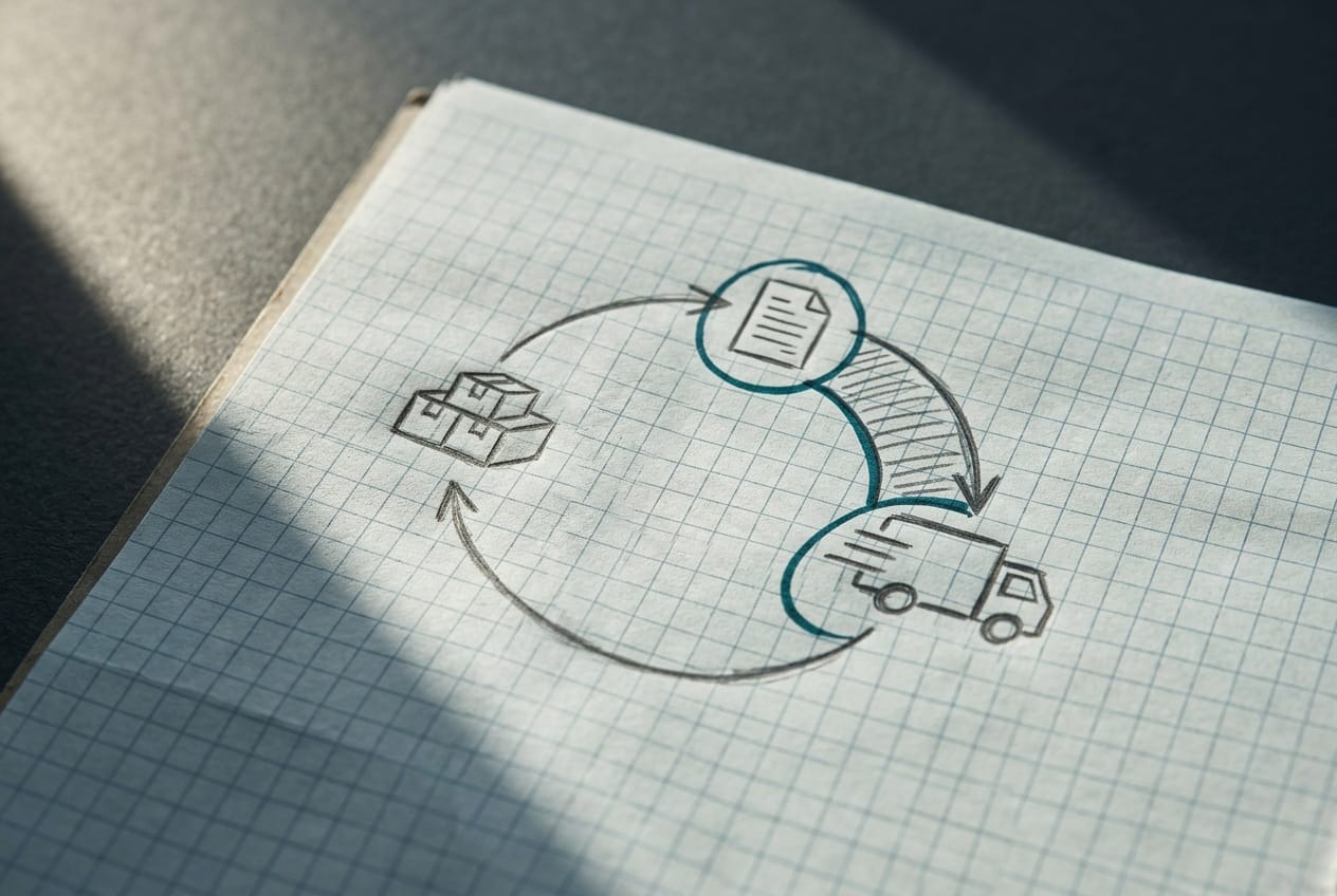 Un cycle d'exploitation dessiné au crayon — stocks, clients, fournisseurs — avec la zone de décalage à financer entourée en encre teal