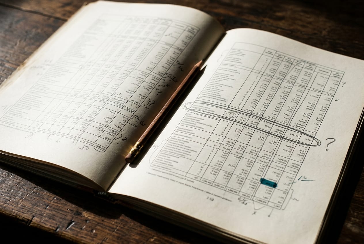 Document relié posé sur un bureau, ouvert sur une page de tableau financier annotée au crayon