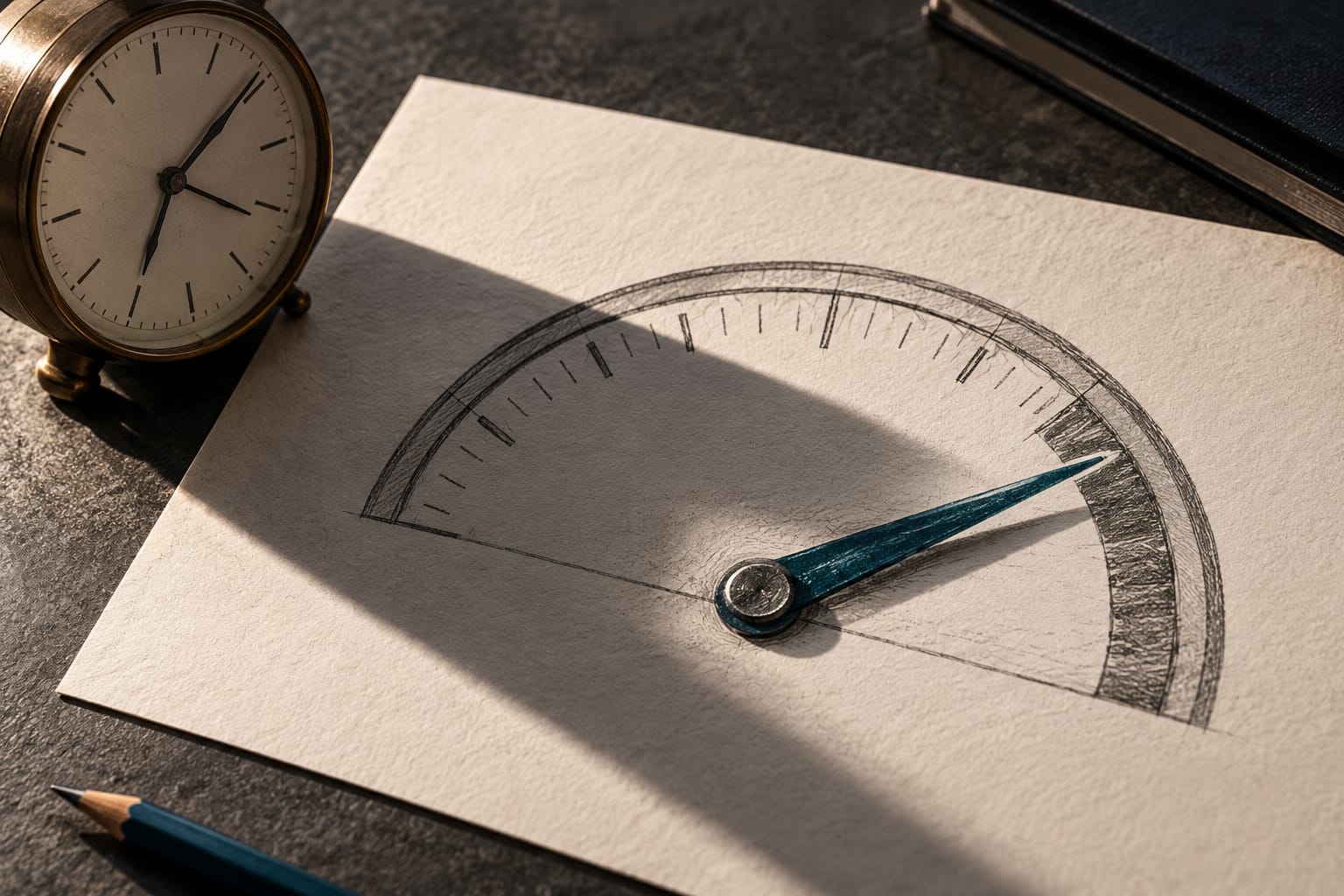 Une jauge dessinée à la main dont l'aiguille pointe haut, mais sans échelle de temps, une petite horloge posée à côté qui met le résultat en doute