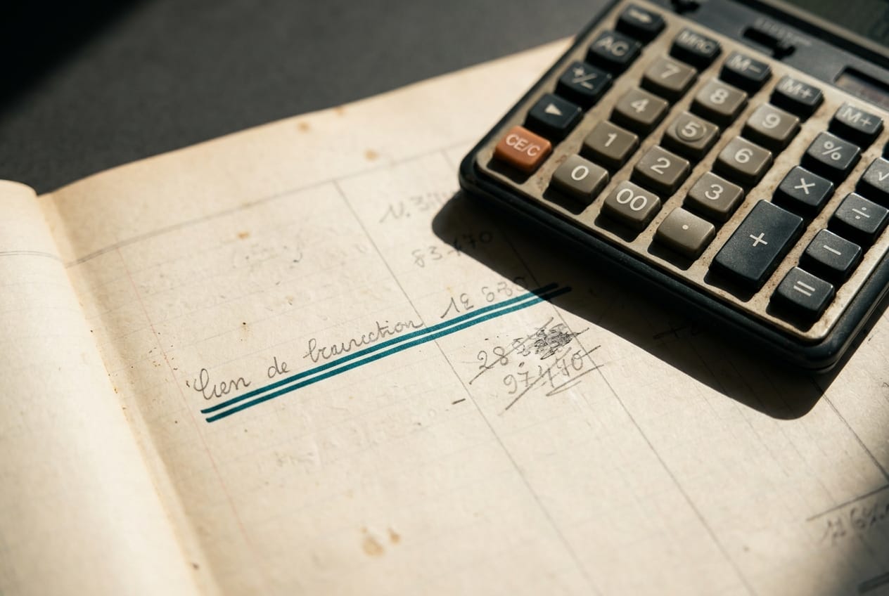 Calculatrice posée sur un tableau de charges manuscrit, une ligne soulignée deux fois