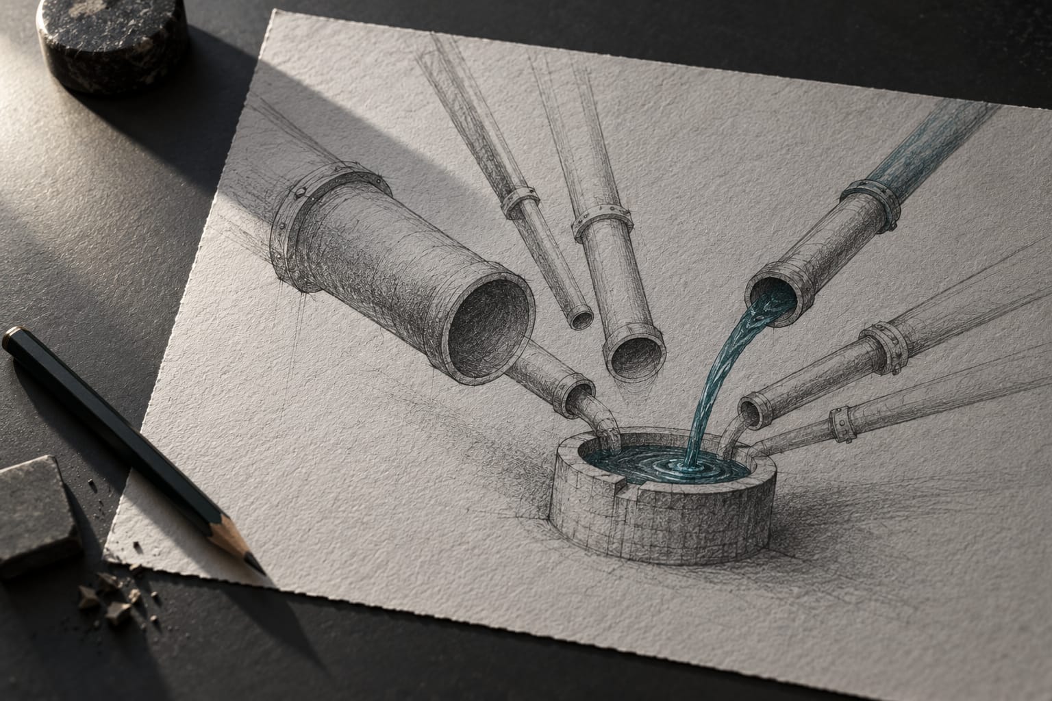 Plusieurs tuyaux crayonnés convergeant vers un même réservoir sur un bureau anthracite, la plupart à sec, un seul où coule un filet d'encre teal
