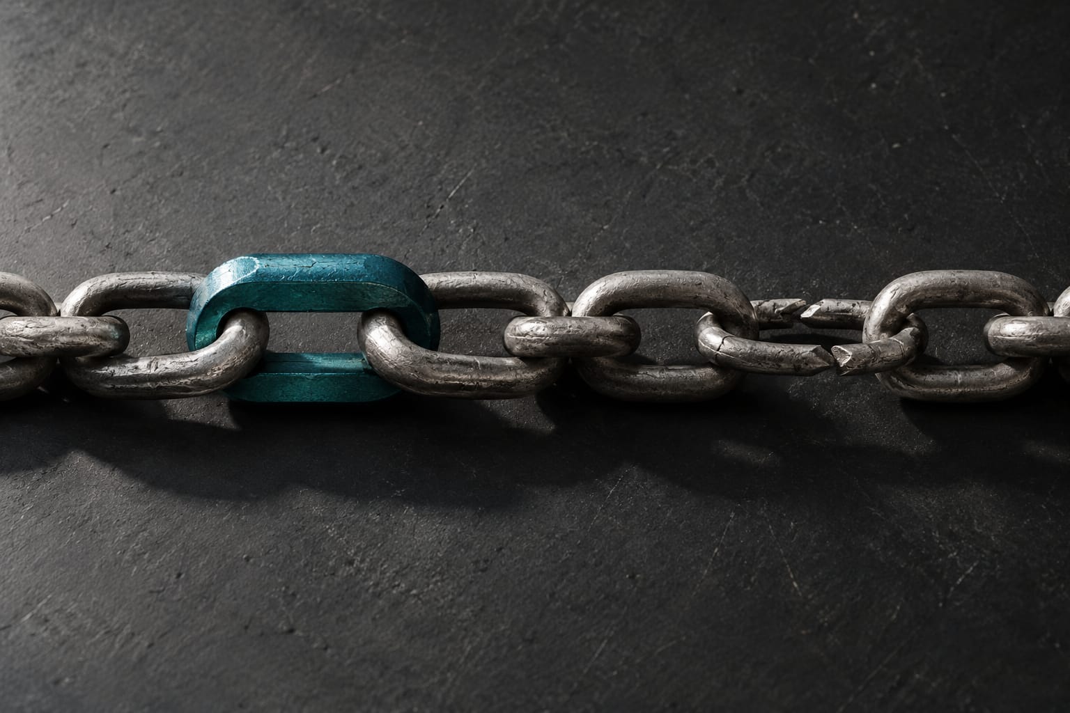 Une rangée de maillons métalliques reliés, l'un renforcé et marqué en encre teal, un autre fêlé et affaibli