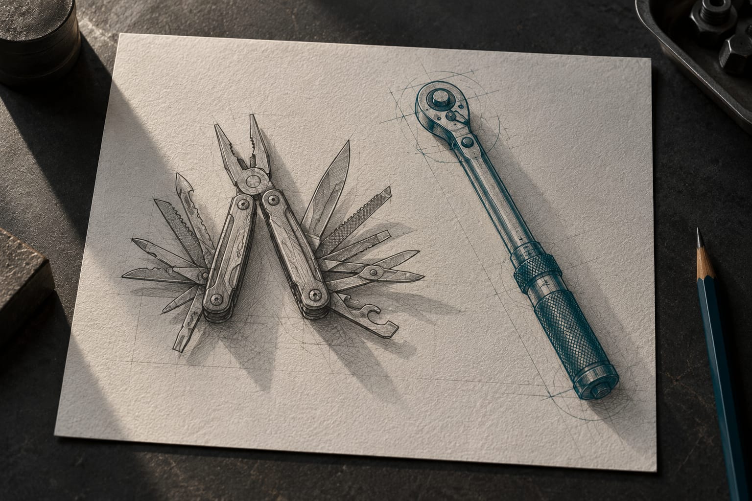 Deux outils crayonnés côte à côte sur un bureau anthracite, un couteau multifonction aux lames dépliées et une clé dynamométrique unique, la clé soulignée à l'encre teal
