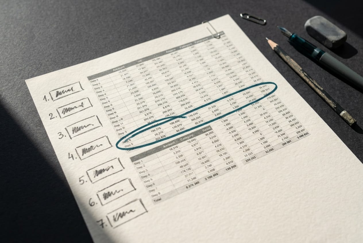 Un business plan structuré en sept parties esquissé au crayon, à côté d'un tableau financier imprimé dont une ligne est entourée en encre teal