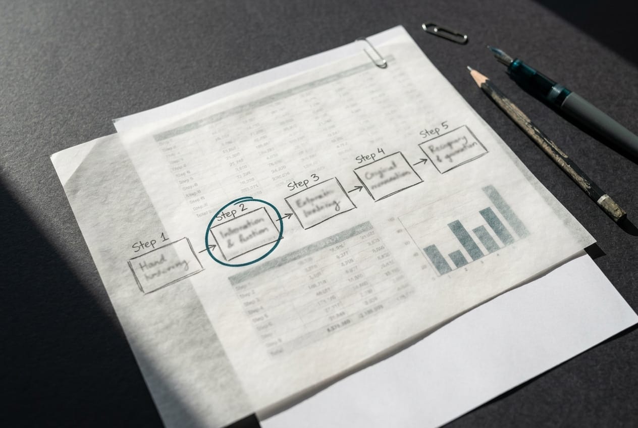 Un plan d'étude de marché en cinq étapes dessiné au crayon sur papier calque, posé sur des données imprimées qui confirment ou corrigent chaque étape