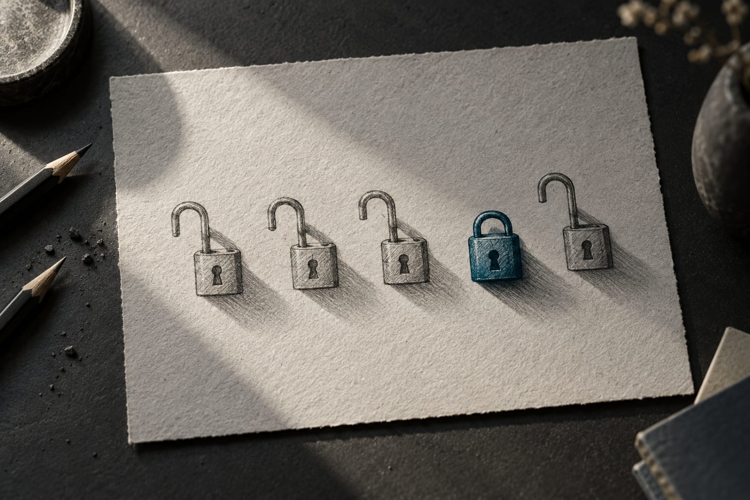 Cinq verrous crayonnés alignés sur un bureau anthracite, quatre ouverts et un encore fermé, le fermé souligné à l'encre teal
