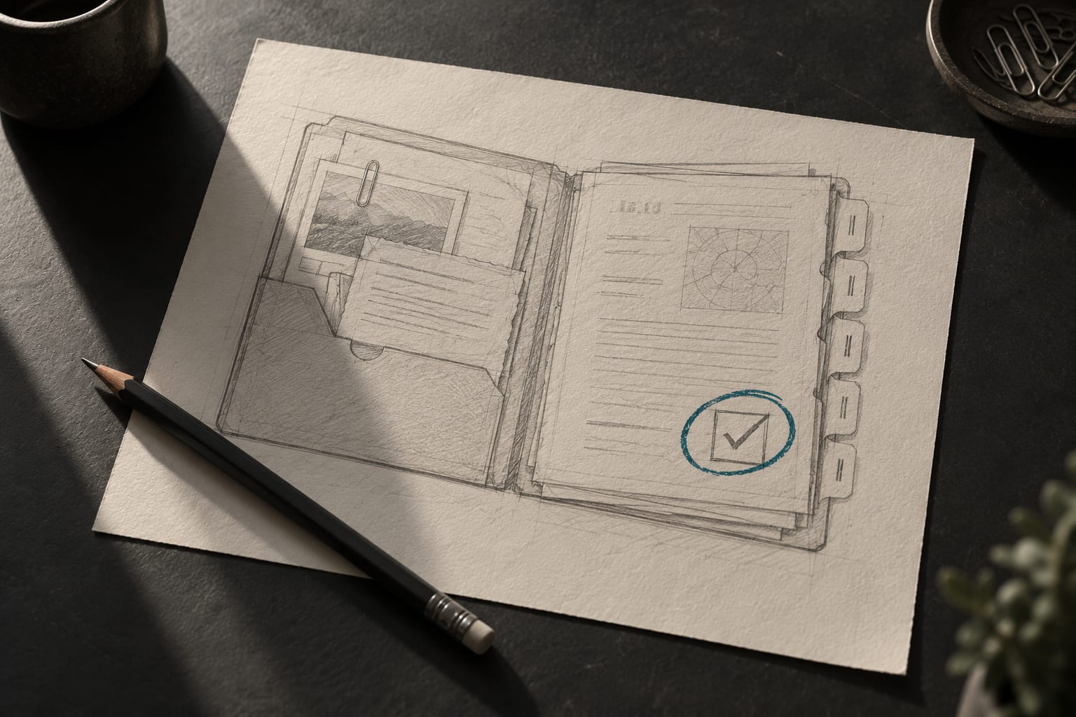 Un dossier d'étude de marché ouvert, dessiné au crayon, avec cinq onglets numérotés et une décision « GO » entourée en encre teal