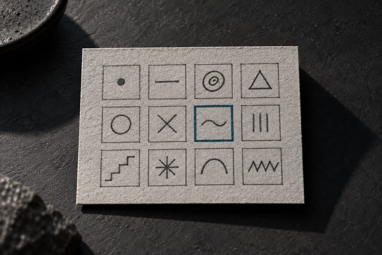 Une grille crayonnée de douze petites cases sur un bureau anthracite, chacune marquée d'un symbole abstrait différent, une seule case entourée à l'encre teal