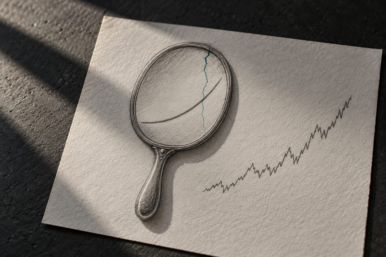 Un miroir à main en crayon posé sur un bureau anthracite, reflétant un graphique parfaitement lisse alors que la vraie courbe dessinée à côté est irrégulière, un éclat teal sur la fêlure du miroir