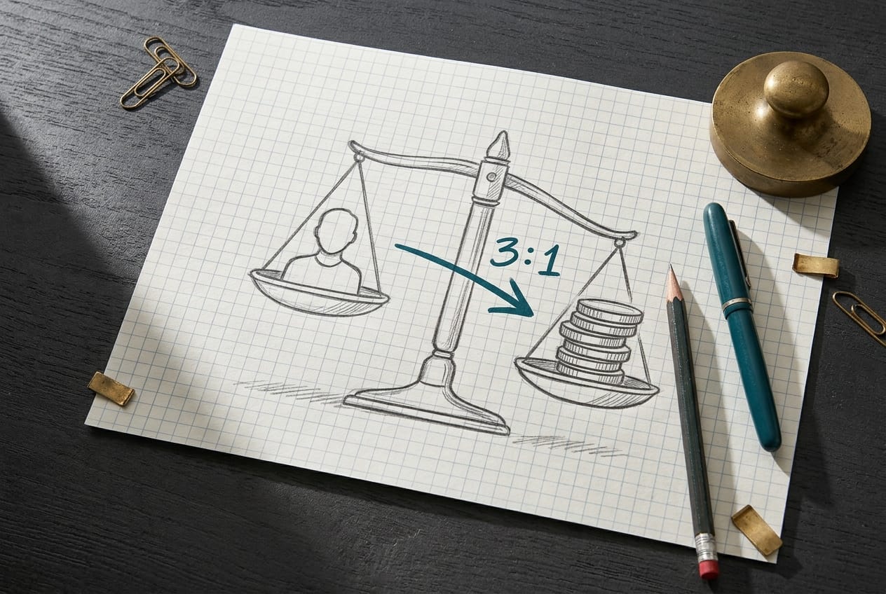 Une balance dessinée au crayon, un client stylisé d'un côté, une pile de pièces de l'autre, annotée d'un rapport 3 pour 1