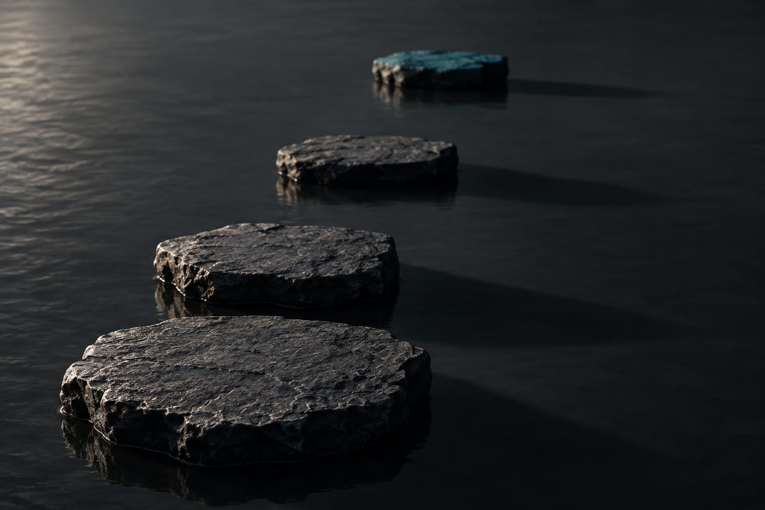 Quatre pierres de gué traversant l'eau, chaque écart plus large que le précédent, le dernier saut vers la rive lointaine entouré en encre teal