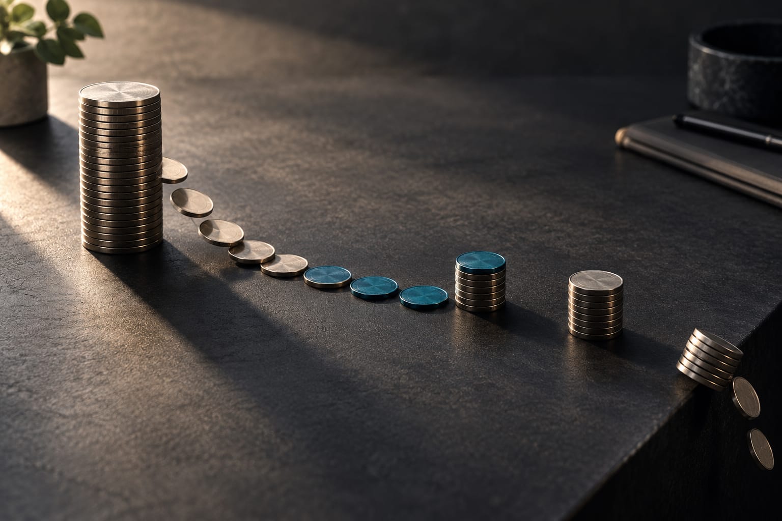 Quatre piles de jetons de hauteurs très inégales sur un bureau, un filet de pièces reliant la plus stable à une petite pile naissante, une pile terne écartée du bord