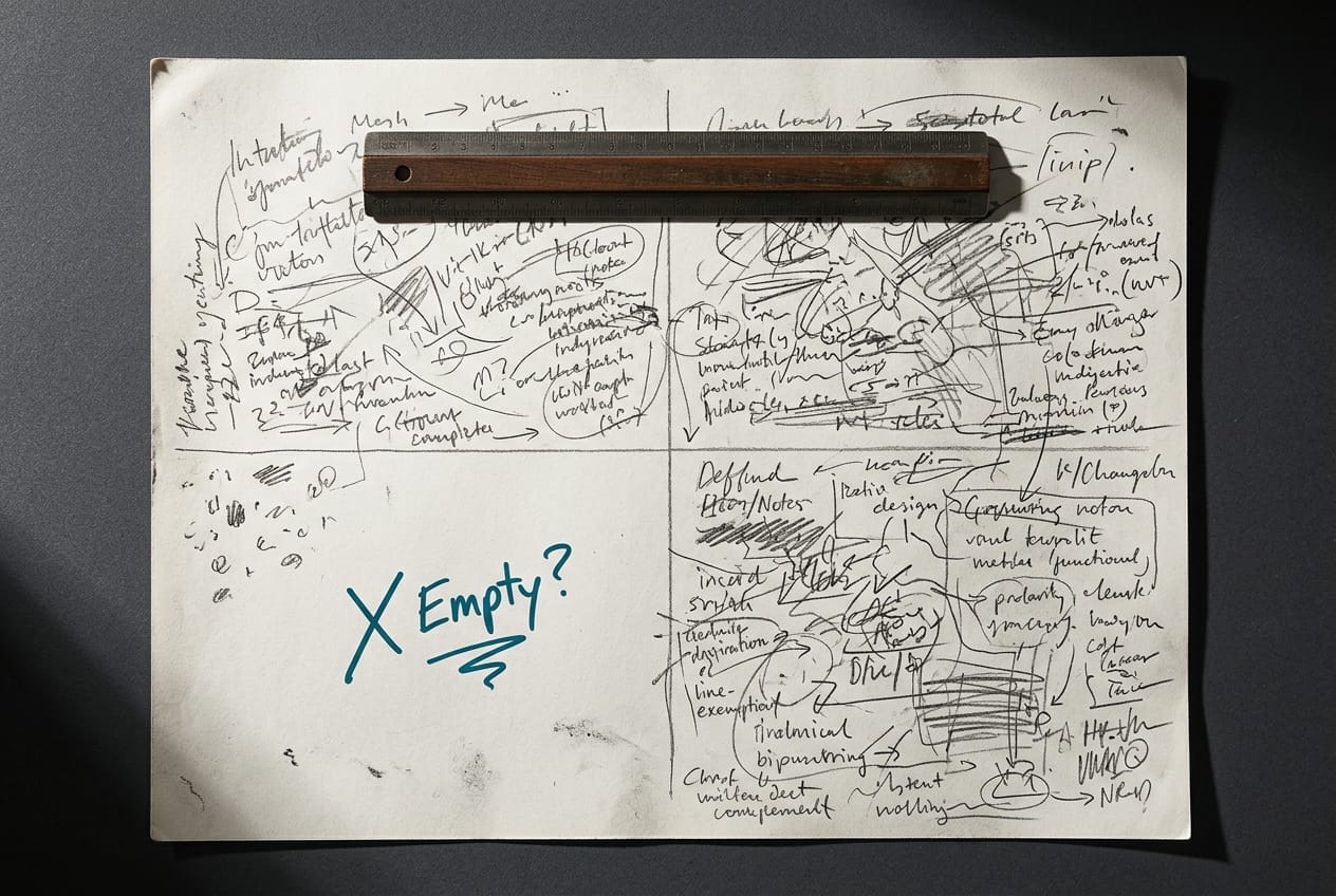 Grille à quatre cases tracée à la main sur une grande feuille, remplie de notes manuscrites inégales