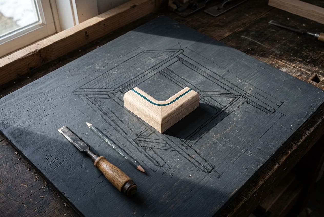 Établi d'atelier avec un objet en cours de construction dont une seule partie est finie, le reste esquissé au crayon sur le plan de travail