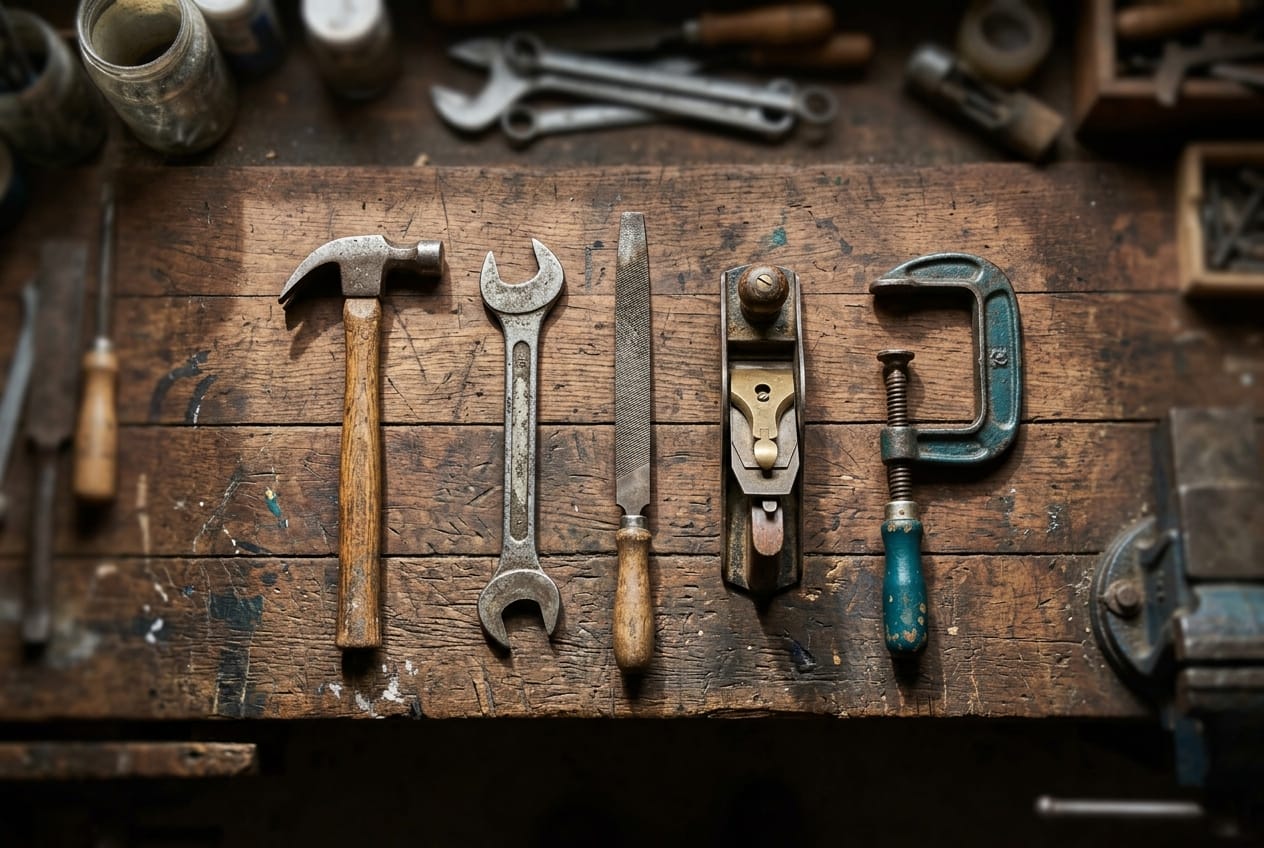 Établi d'atelier avec cinq outils à main disposés en rangée, chacun d'une forme nettement différente