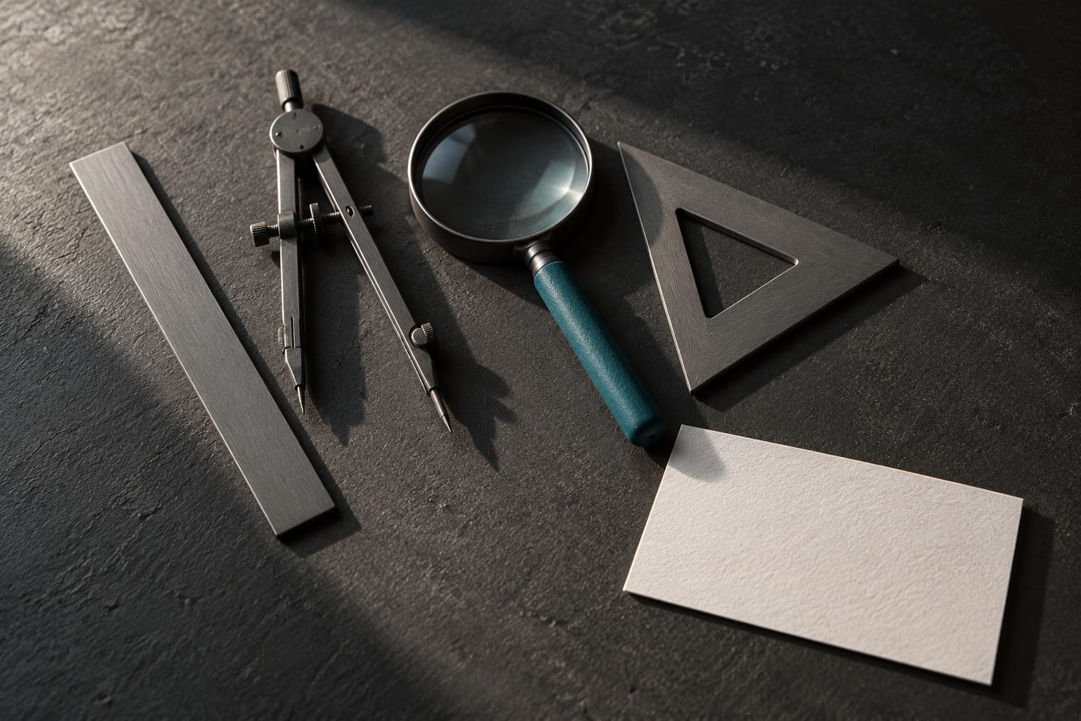 Plusieurs outils à main disposés en éventail sur un bureau anthracite — règle, compas, loupe — un seul manche peint en teal, pointé vers une petite fiche