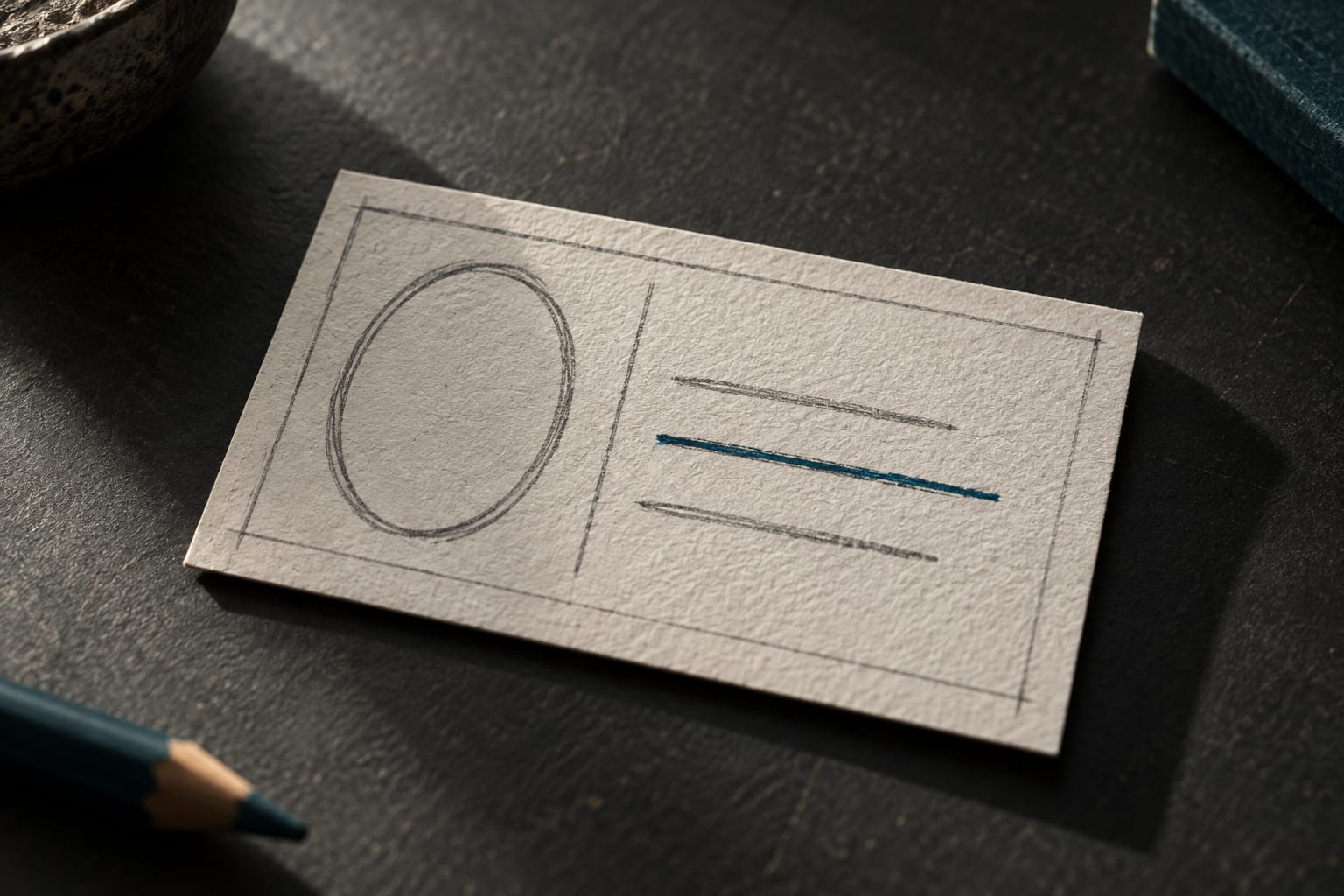 Une fiche cartonnée crayonnée sur un bureau anthracite, à la place de la photo un simple contour de visage laissé vide, une seule ligne d'information soulignée à l'encre teal