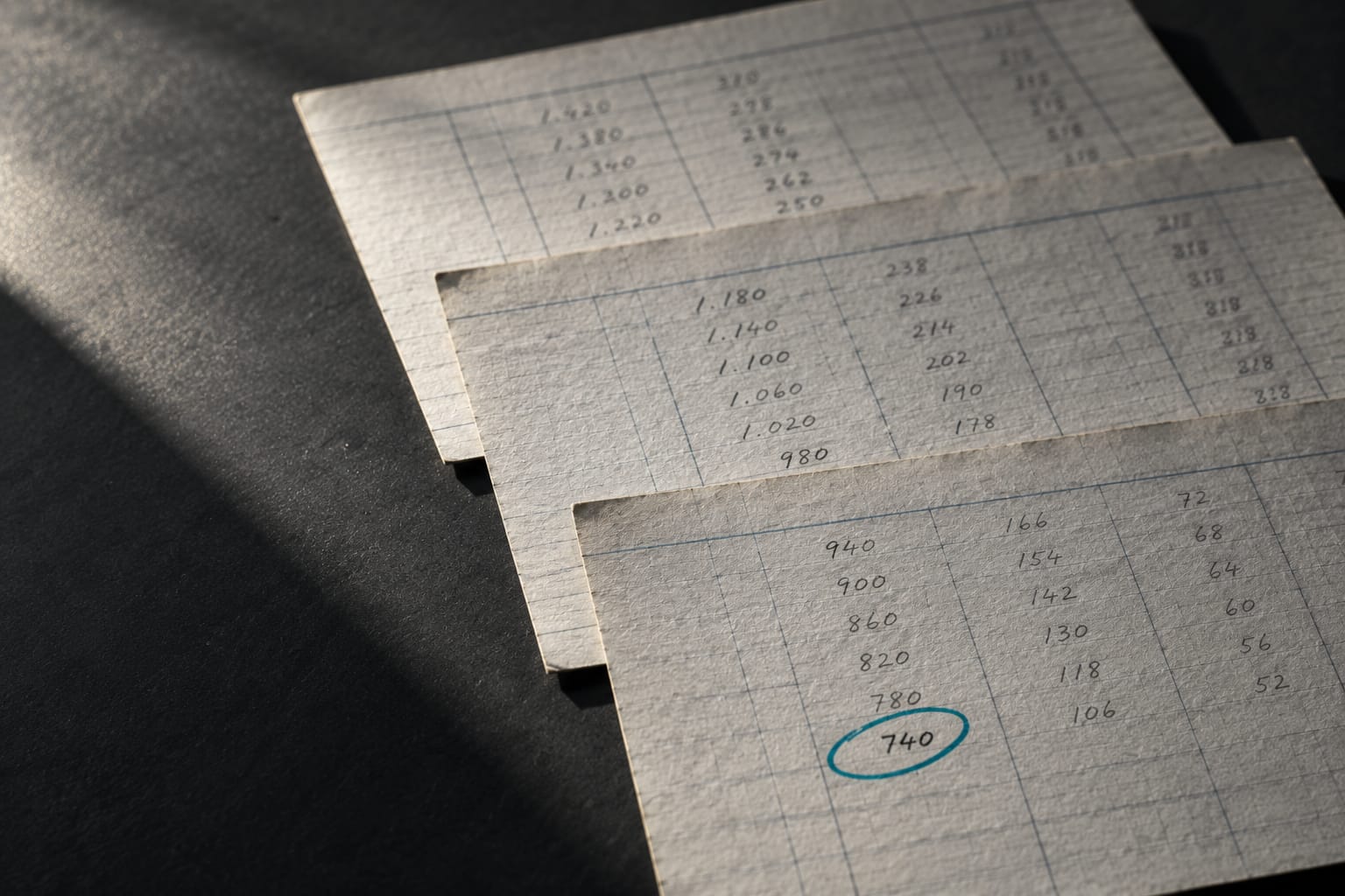 Trois feuilles de calcul au crayon posées en cascade sur un bureau anthracite, la colonne de trésorerie du mois le plus bas entourée à l'encre teal