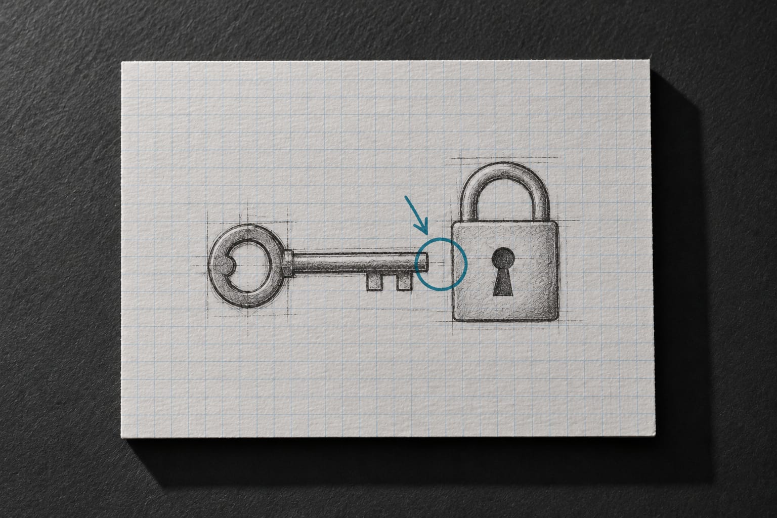 Une clé et une serrure dessinées au crayon, presque alignées, l'écart restant entouré en encre teal