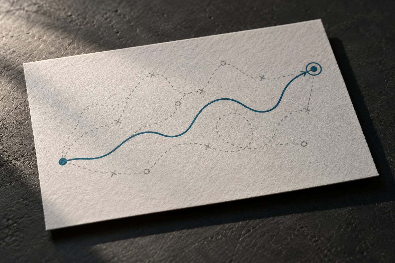 Un tracé crayonné de parcours entre un point de départ et une cible sur un bureau anthracite, plusieurs chemins possibles, un seul tracé en teal reliant le départ à la cible