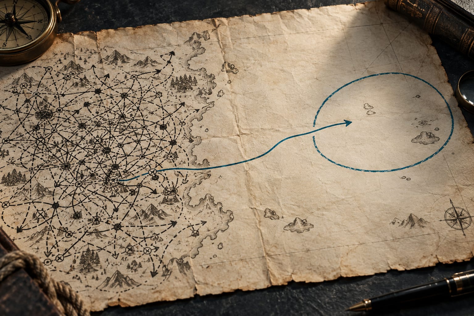 Une carte dessinée à la main où de nombreux tracés se pressent sur une zone saturée, tandis qu'un seul chemin part vers une région vierge entourée en encre teal