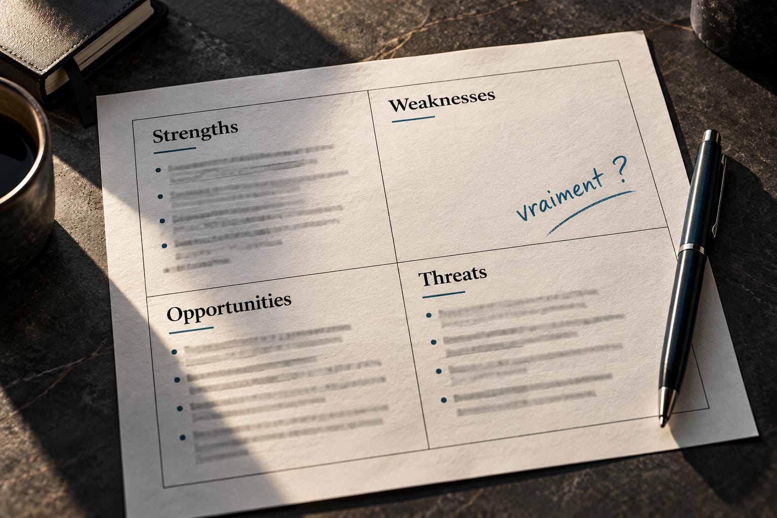 Une grille SWOT dactylographiée impeccable, mais la case Faiblesses est vide et une annotation manuscrite « vraiment ? » la questionne en encre teal