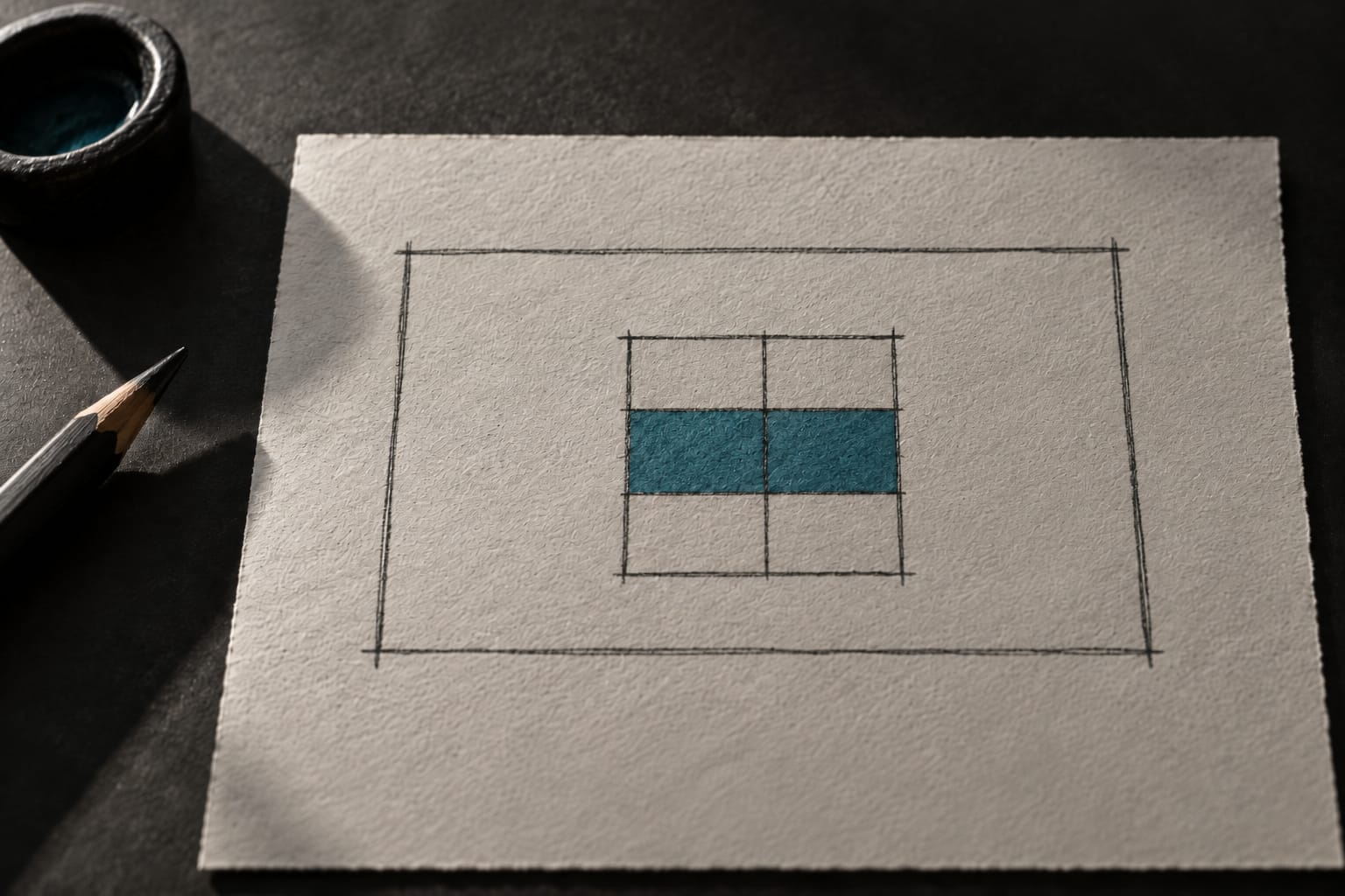 Deux cadres au crayon sur un bureau anthracite, un petit cadre à quatre cases posé à l'intérieur d'un grand cadre plus large, la zone de recouvrement teintée de teal