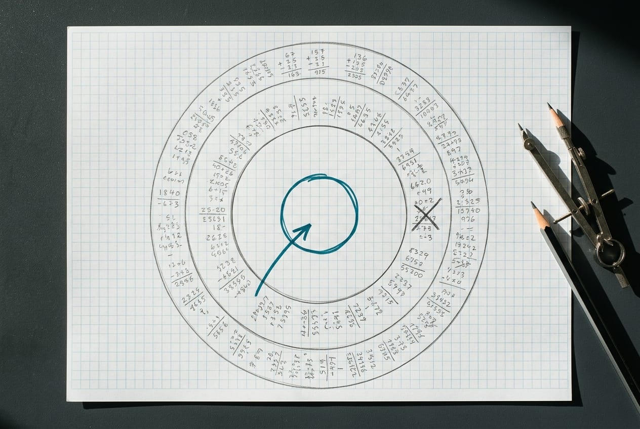 Trois cercles concentriques dessinés au crayon sur papier millimétré, annotés de calculs successifs