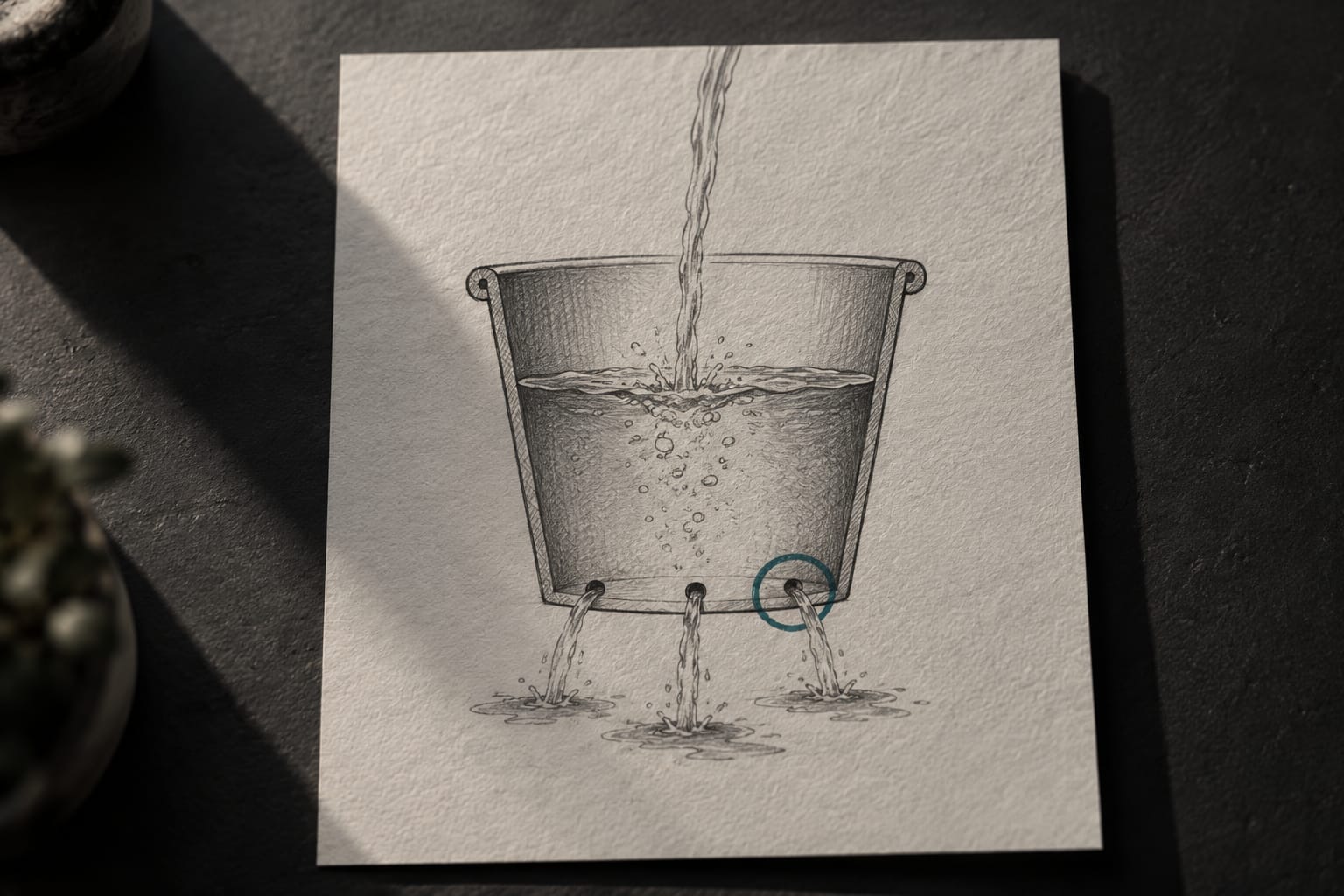 Un seau crayonné sur un bureau anthracite, rempli par un filet d'eau au-dessus et percé de plusieurs trous en bas, l'un des trous cerclé à l'encre teal