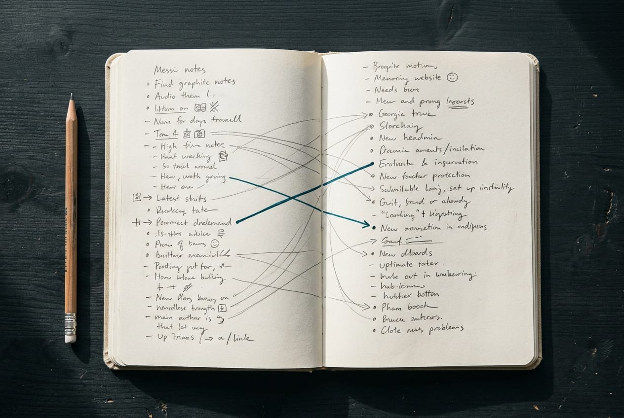 Carnet ouvert sur une double page, une colonne de notes manuscrites reliée à une autre par des traits au crayon