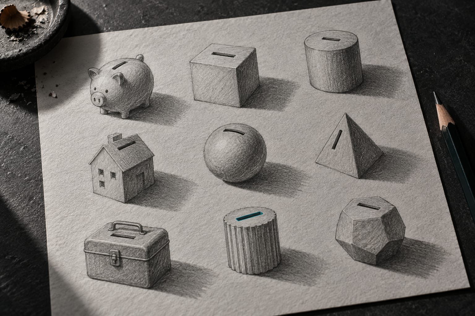 Neuf petites tirelires en terre crayonnées sur un bureau anthracite, chacune d'une forme différente, une seule avec sa fente soulignée à l'encre teal